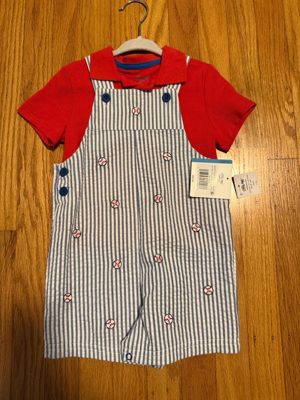 Little Me Red Polo with Blue & White Striped Seersucker Overalls